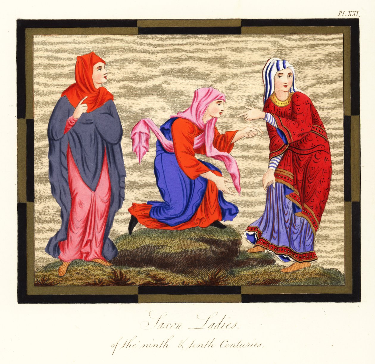 Costumi delle donne anglosassoni, IX e X secolo (incisione) da Joseph Strutt