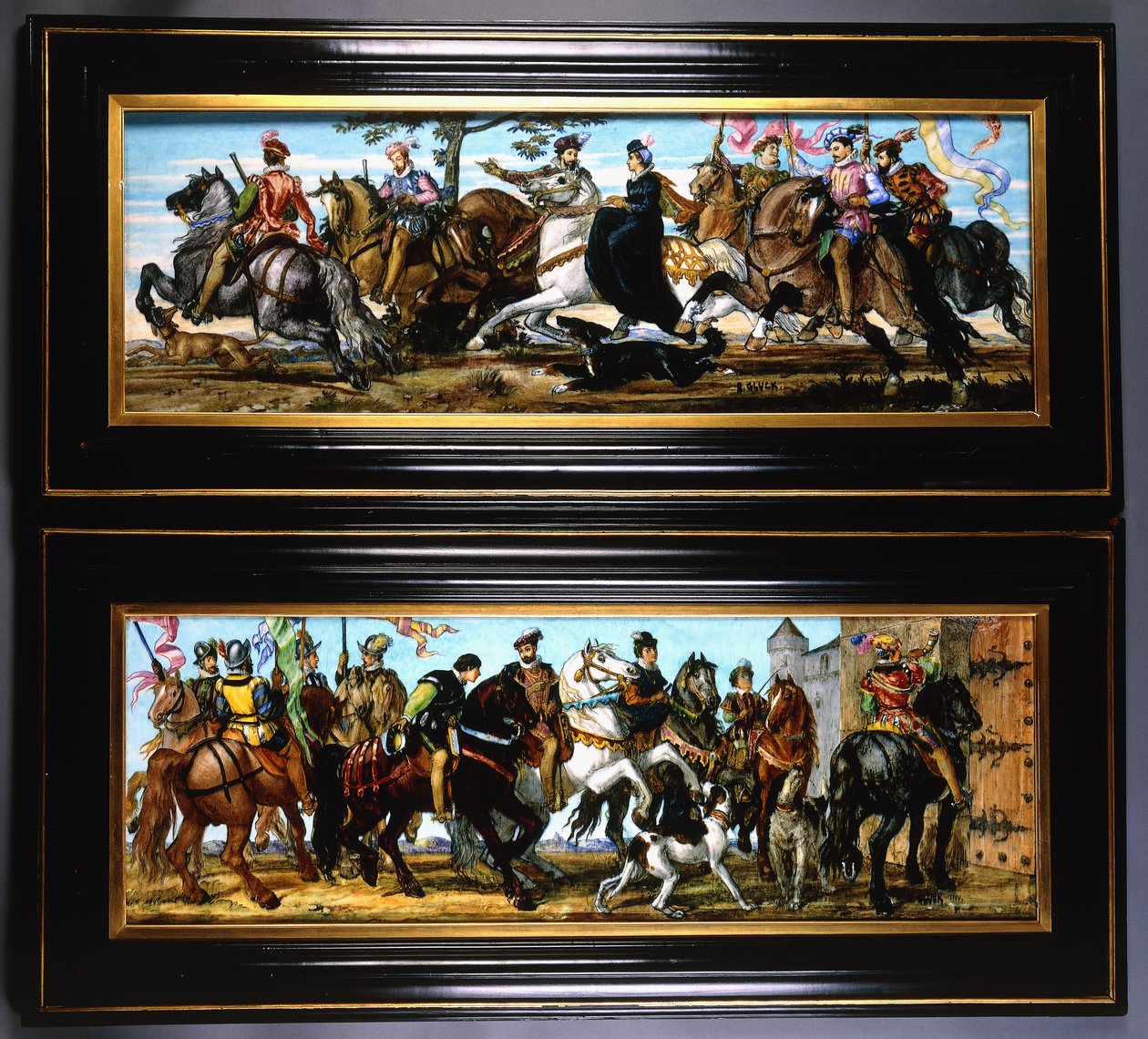 Un paio di placche murali in ceramica, raffiguranti scene medievali di cacciatori con cani da Joseph Theodore Deck