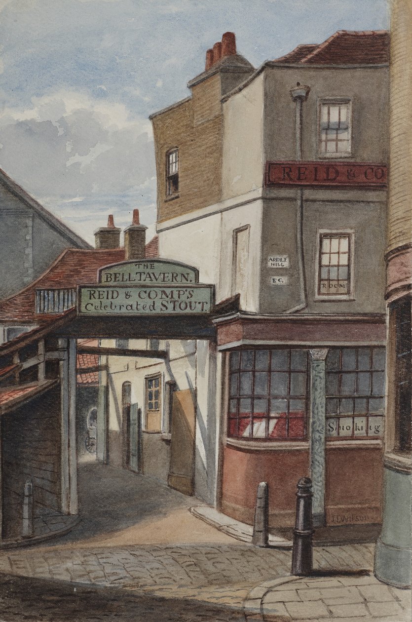 Veduta della taverna Bell, Addle Hill, con insegna per la stout celebrata di Reid and Company, e un paletto del marciapiede, 1868 da Joseph Thomas Wilson