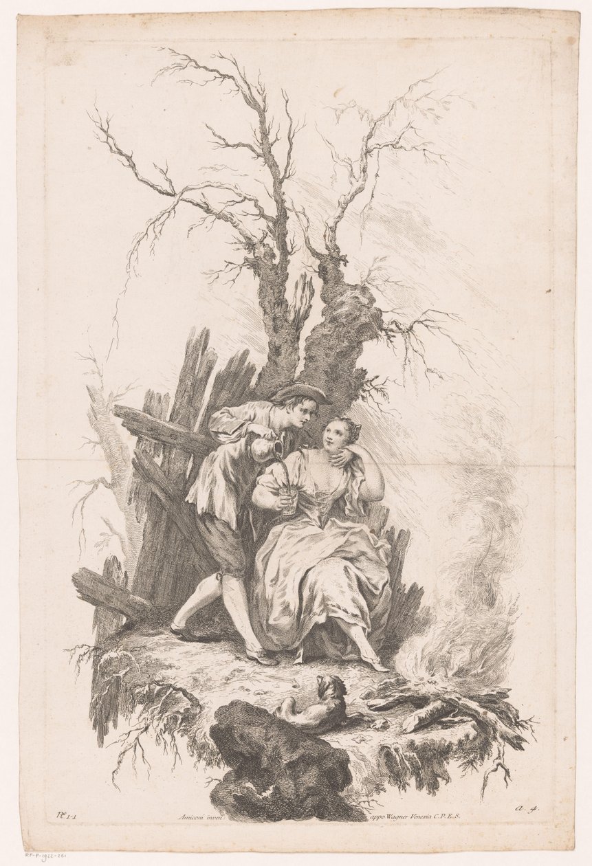Uomo e donna con cane vicino a un fuoco (Inverno) da Joseph Wagner (possibly)