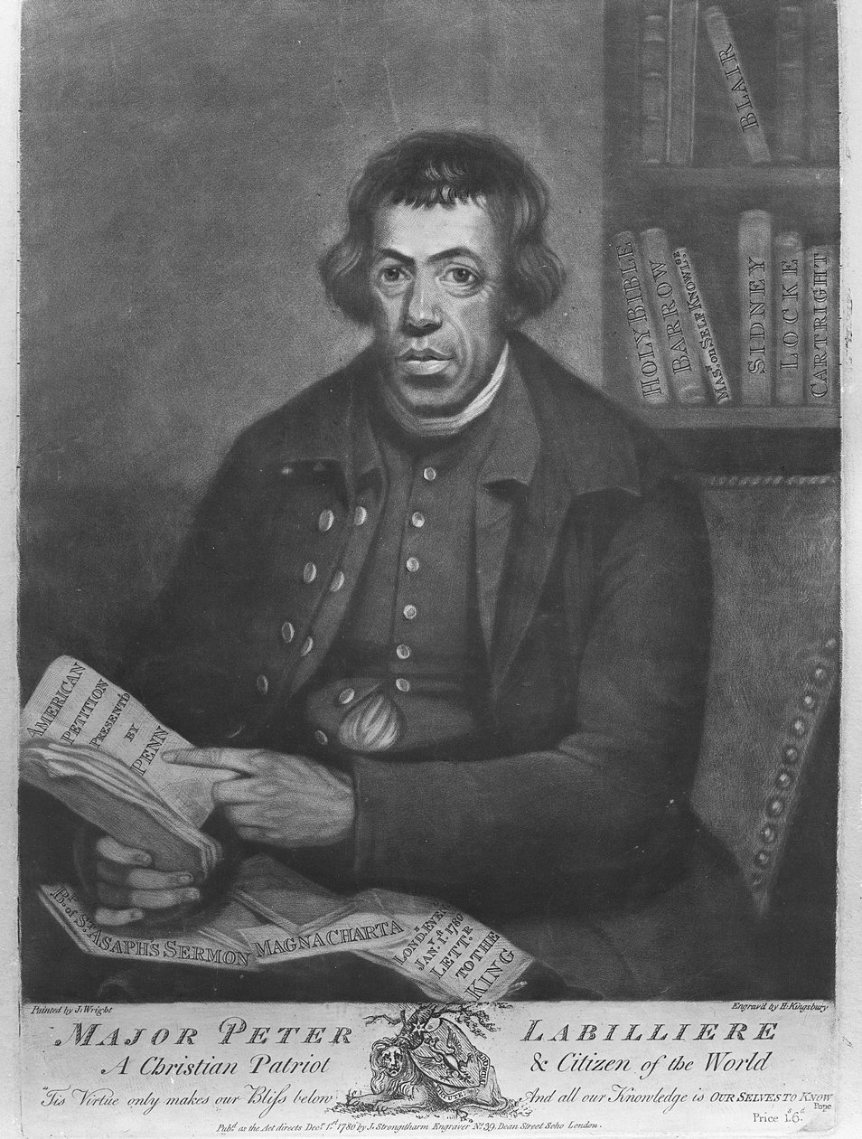 Maggiore Peter Labilliere, inciso da Henry Kingsbury, 1780 da Joseph Wright