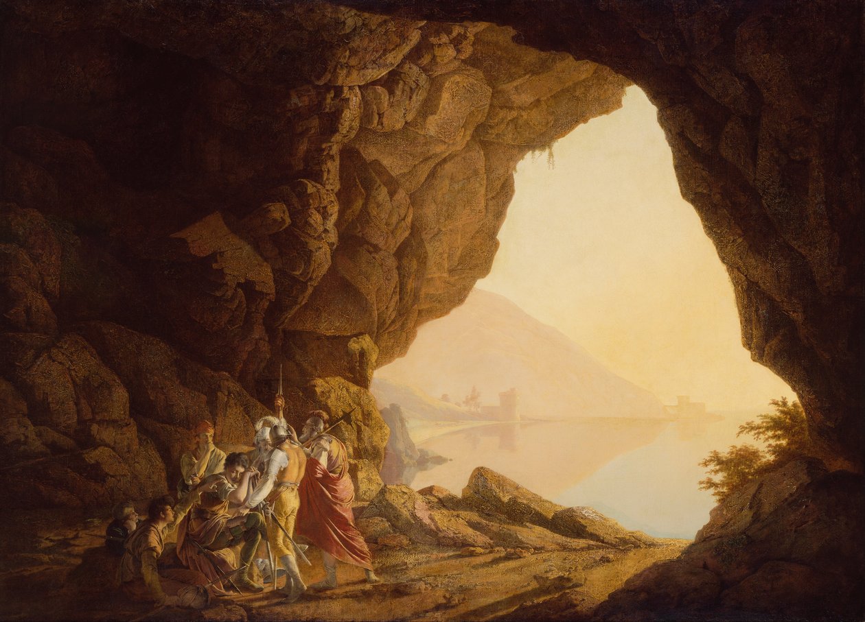 Grotta in riva al mare nel Regno di Napoli con i Banditi, tramonto da Joseph Wright of Derby
