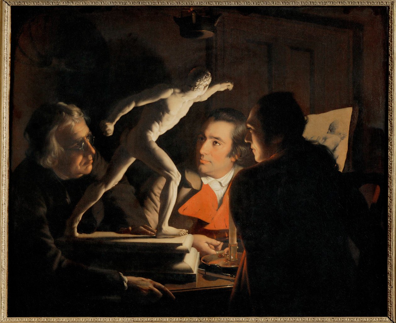 Alla luce di una candela, tre uomini studiano una piccola ... (dipinto su tela) da Joseph Wright of Derby