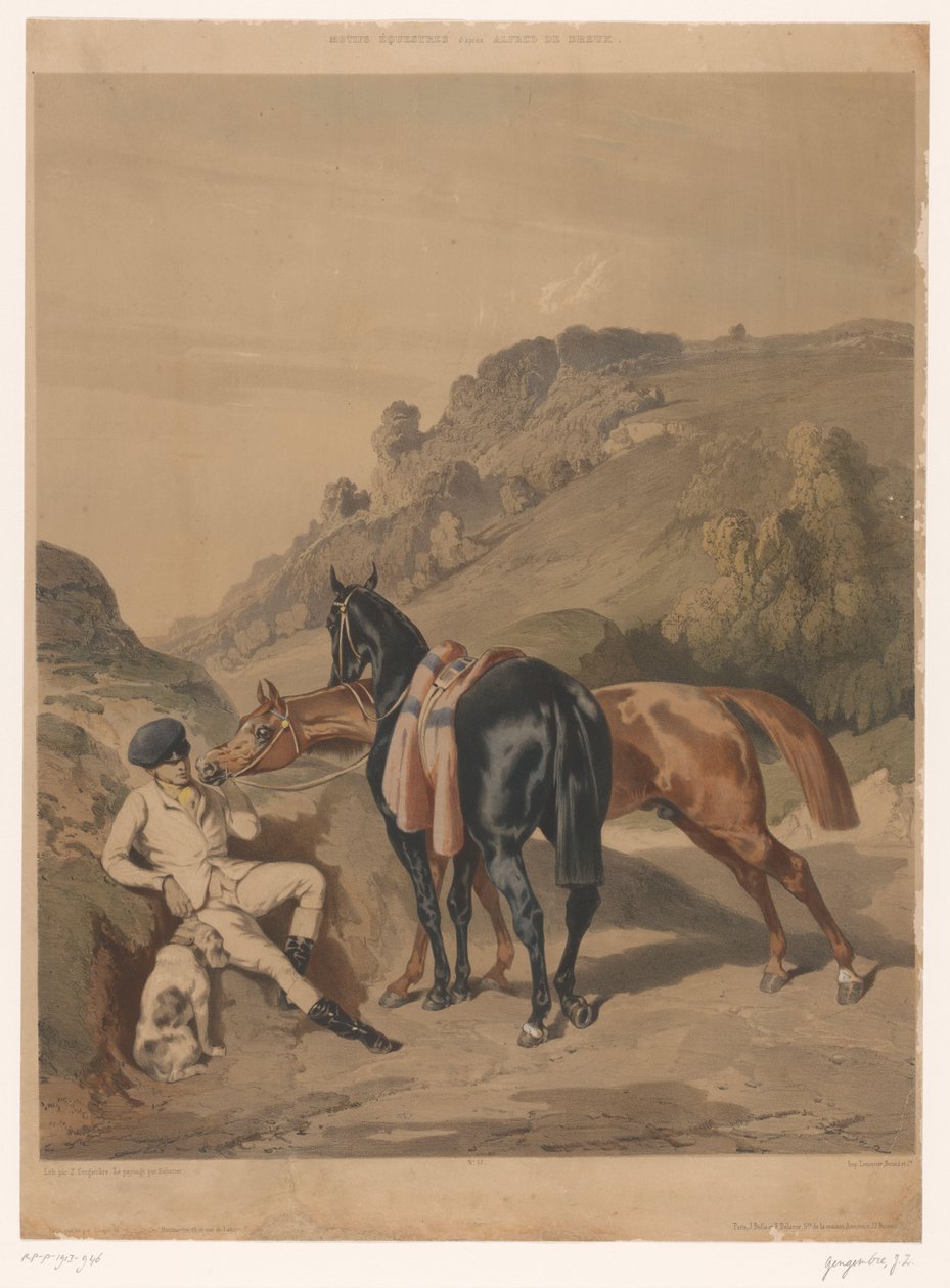 Due cavalli con cavaliere a riposo in un paesaggio (Paarden naar Alfred de Dreux) da Joseph Zephyris Gengembre