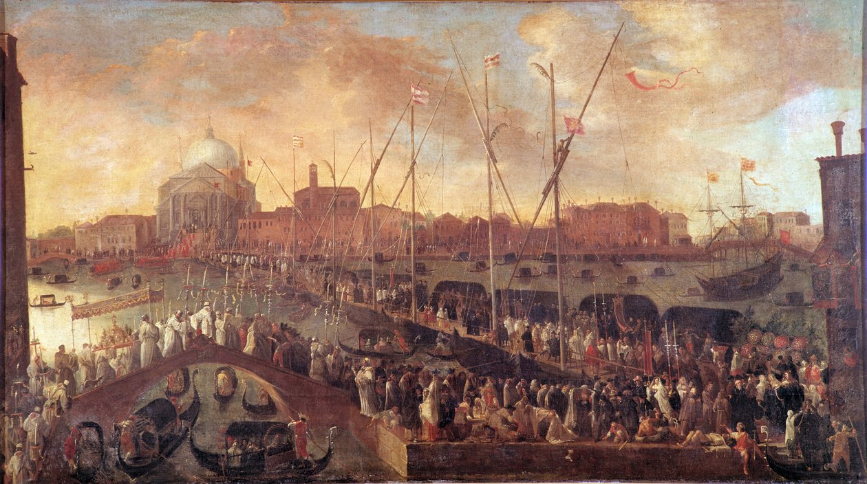 Processione nel giorno della Festa del Redentore. Un ponte temporaneo è costruito verso la Chiesa del Redentore di Venezia per commemorare le vittime della Grande Peste del 1575-1576 da Joseph the younger Heintz