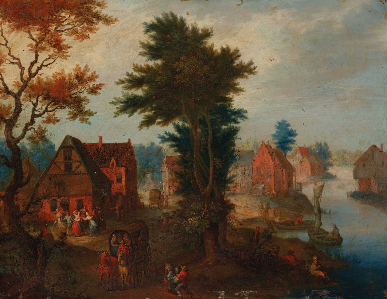 Un paesaggio fluviale con barche e carrozze presso un villaggio da Joseph van Bredael