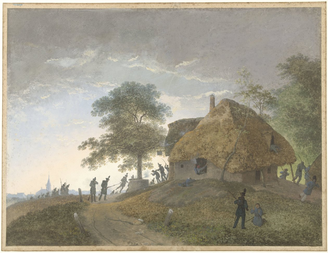 Combattimento presso una locanda o casa con tetto di paglia su una collina da Josephus Augustus Knip