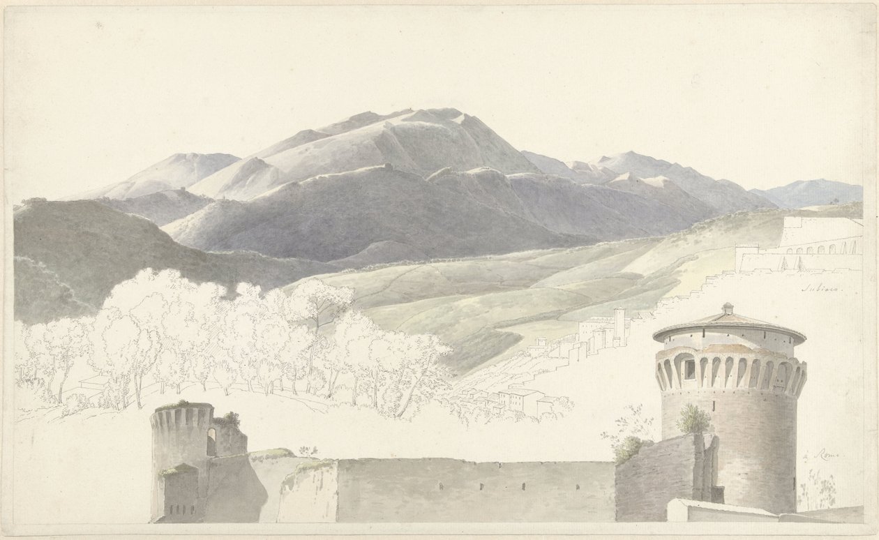 Paesaggio vicino a Subiaco e costruzione a Roma da Josephus Augustus Knip