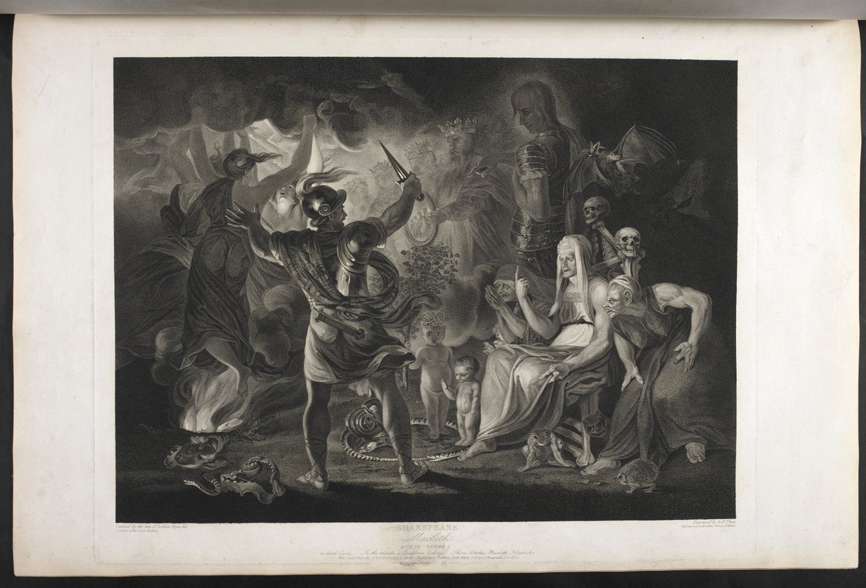 Macbeth. Atto IV. Scena I. Una caverna oscura. Al centro un calderone bollente. Tre streghe. Macbeth. Ecate. Macbeth affronta le streghe e le apparizioni; ai suoi piedi, dentro un serpente avvolto, stanno un bambino insanguinato e un bambino con una corona da Joshua (after) Reynolds