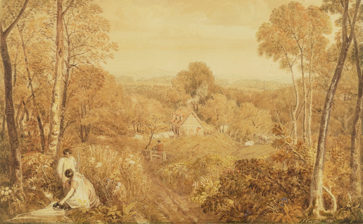 Paesaggio boscoso con cottage e contadine, Hurley, Berks, 1818 da Joshua Cristall