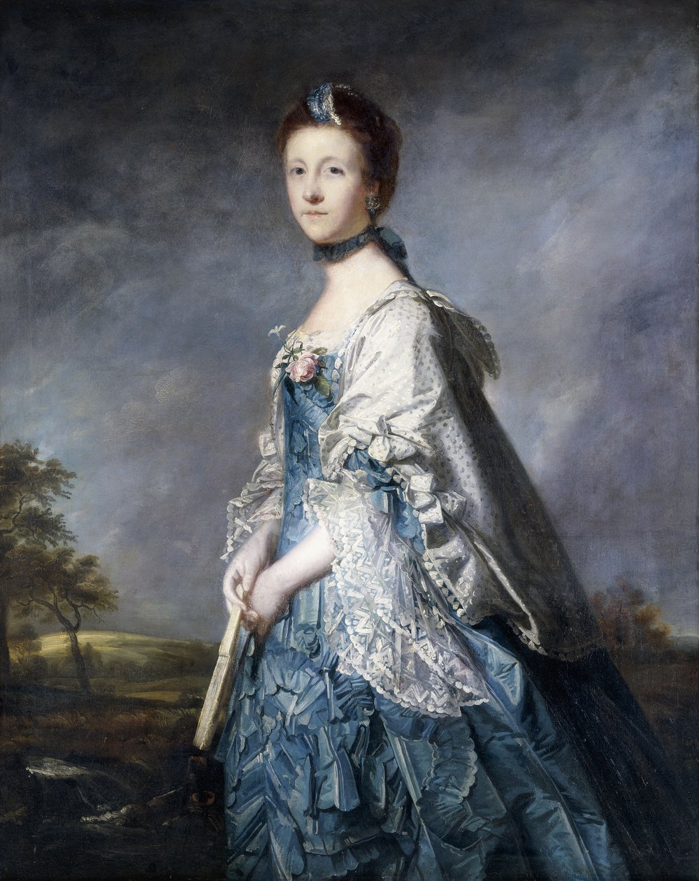 Ritratto di Anne, Contessa Winterton, in Piedi a Tre Quarti, Indossando un Abito Blu e uno Scialle con Pizzo, Tenendo un Ventaglio, in un Paesaggio da Joshua Reynolds