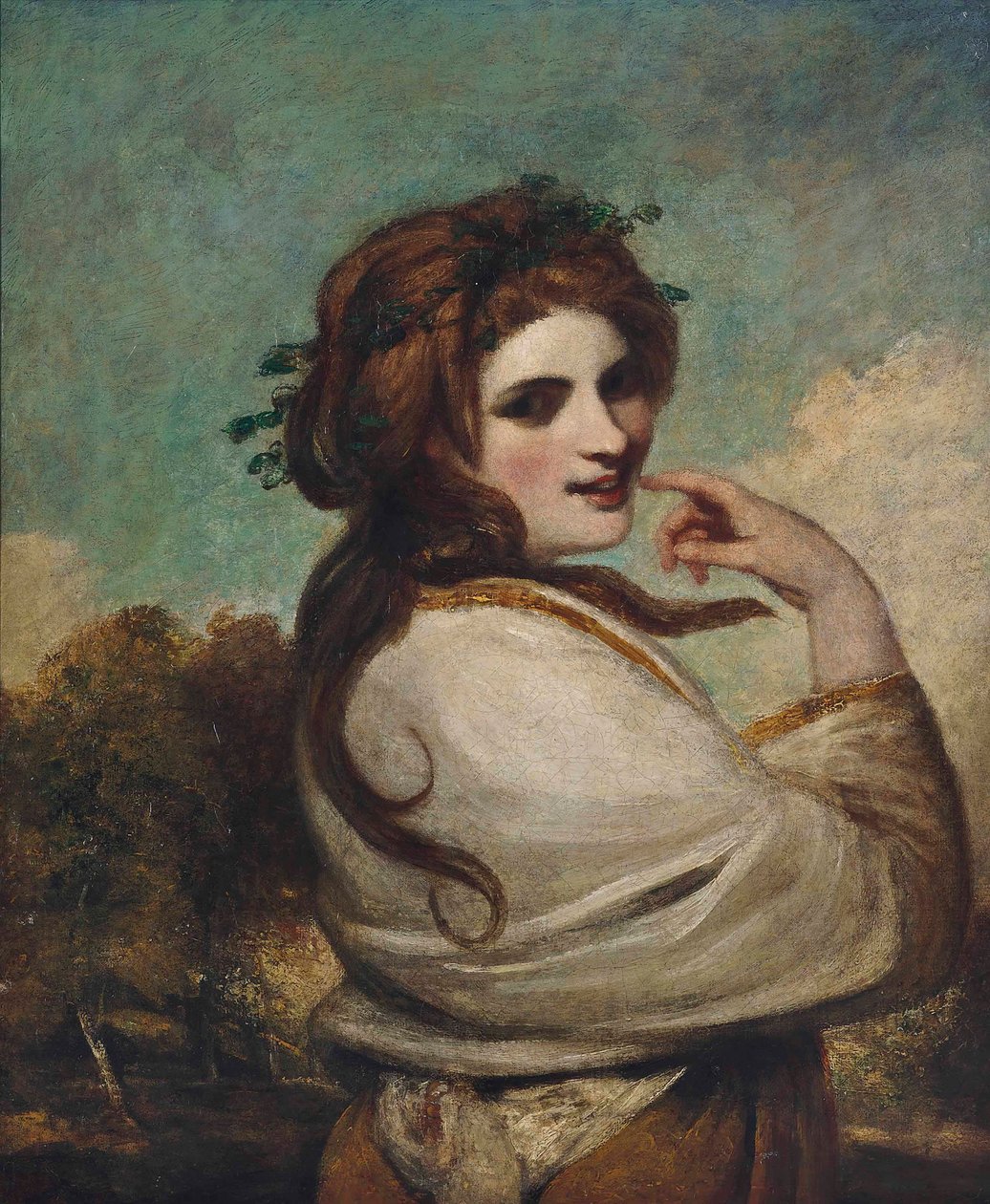 Ritratto di Emma, Lady Hamilton, come una Baccante, a mezzo busto, in un vestito giallo e scialle bianco, in un paesaggio da Joshua Reynolds
