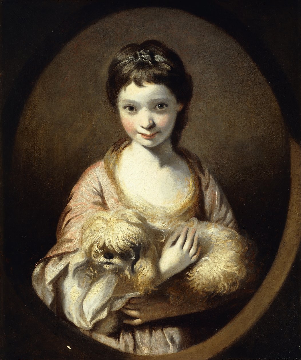 Ritratto di Miss Emilia Vansittart, mezzo busto, con un vestito rosa e bianco che tiene un cane da Joshua Reynolds