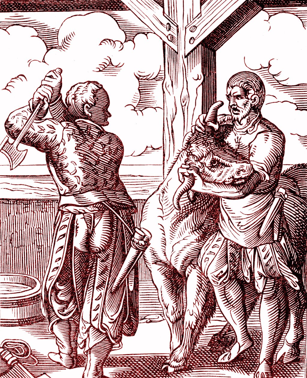 Un macellaio - Cibo e cucina nel Medioevo. Incisione di Jost Amman (1539-1591). Incisione 1878 da Jost (after) Amman