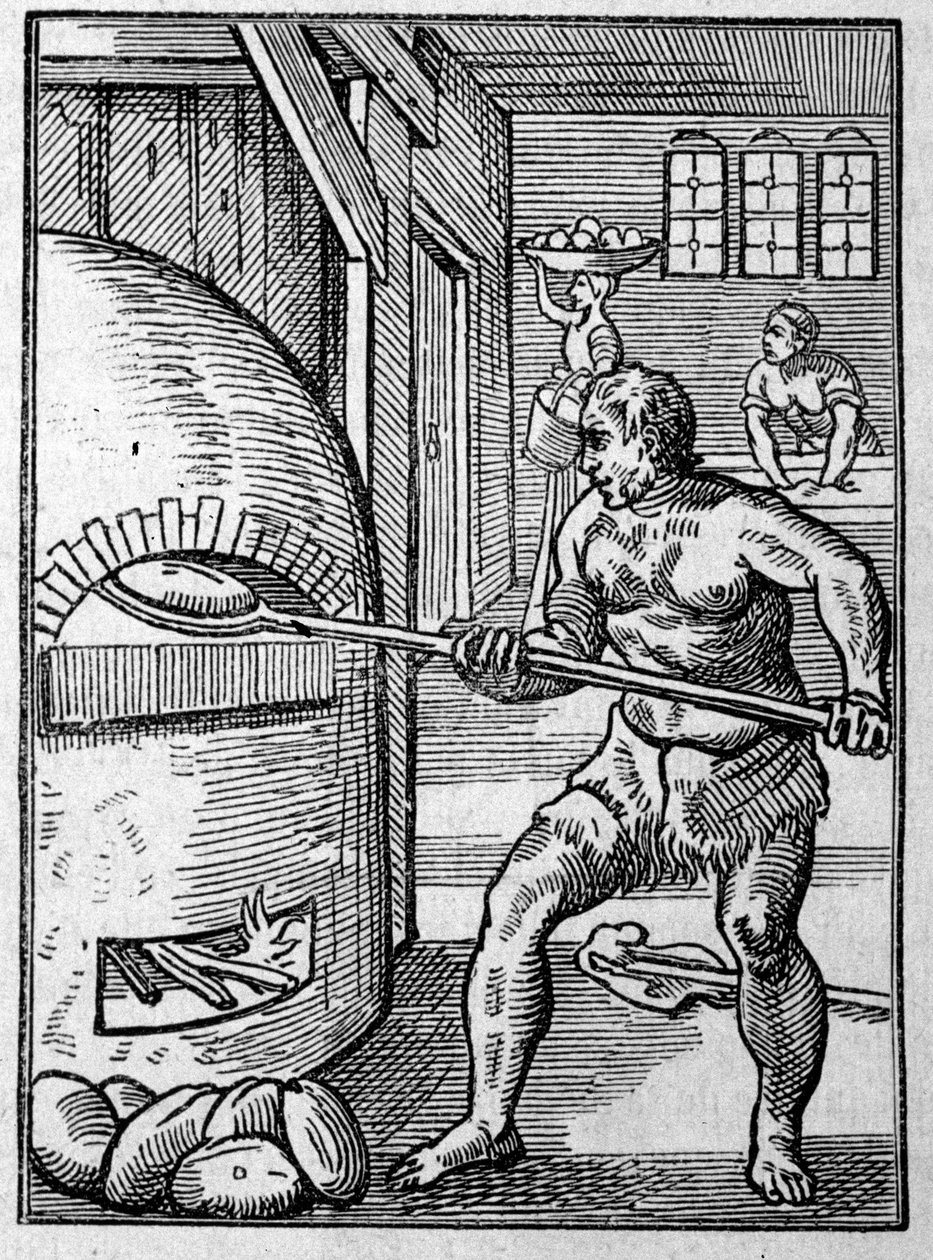 Un fornaio che cuoce il pane in un forno. Incisione di Jost Amman (1539-1591) XVI secolo. da Jost Amman