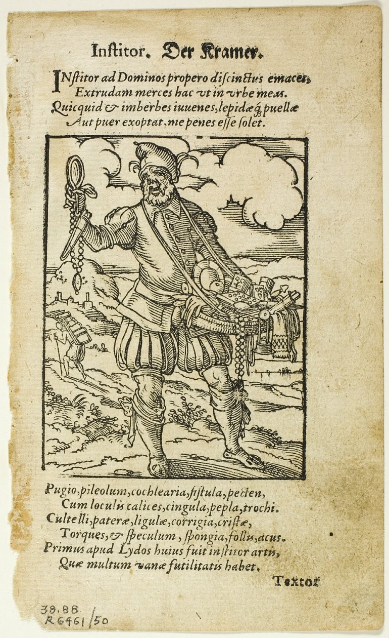 Der Kramer da De omnibus illiberalibus sive mechanicis artibus di Hartmann Schopper, tavola 50 da xilografie da libri del XVI secolo da Jost Amman
