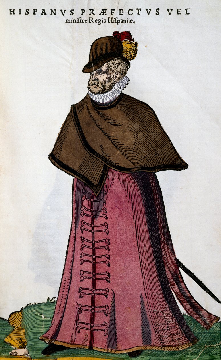 Costume del ministro della casa reale spagnola, incisione di Jost Amman (1539-1591) da Habitus praecipuorum populorum, virorum tam quam singulari foeminarum art depicti da Jost Amman