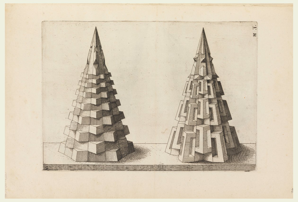 Due Coni, tavola H. i. in Perspectiva. Corporium Regularium da Jost Amman