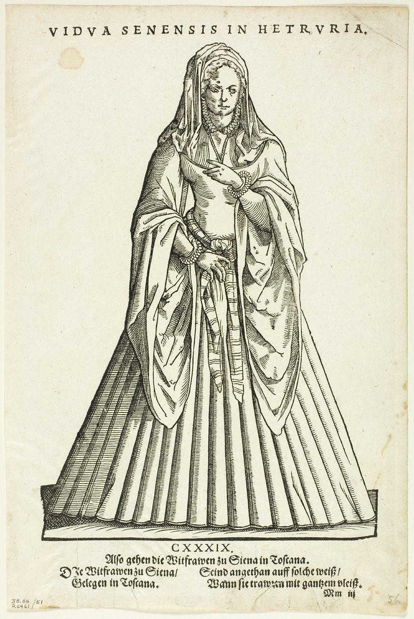 Vidua Senensis in Hetruria (Vedova di Siena in Toscana) dal Trachtenbuch di H. Weigel, lastra 51 da Woodcuts from Books of the XVI Century (xilografie da libri del XVI secolo) da Jost Amman