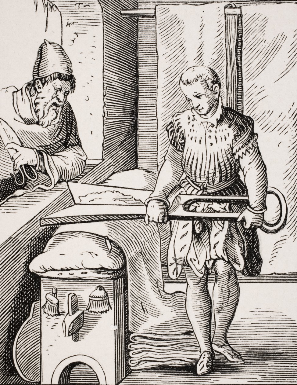 Lavoratore di tessuti, riproduzione di xilografia del XVI secolo, XIX secolo da Jost (after) Amman