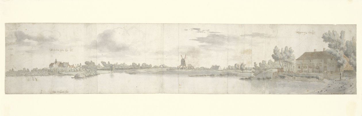 Veduta panoramica del Castello Ooij e della casa del pedaggio, Brabante Settentrionale da Josua de Grave