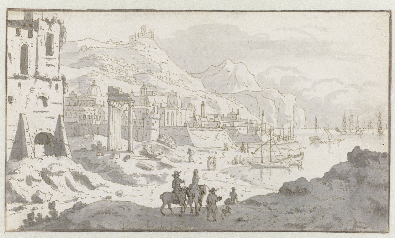 Vista di un porto immaginario in stile italiano da Josua de Grave