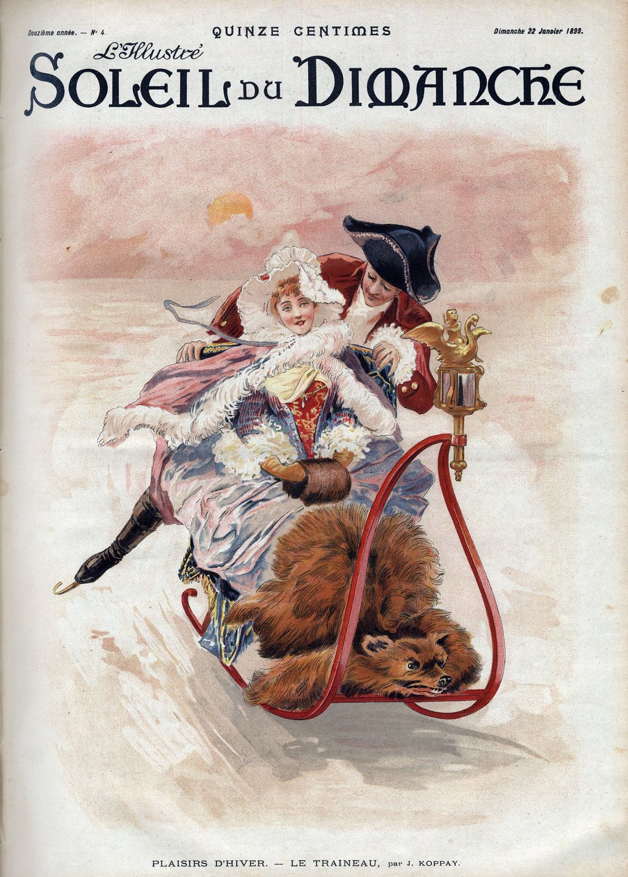 Divertimento invernale: slitta. Una coppia elegante in slitta e pattinaggio sul ghiaccio scivola sulla neve. Secondo J. Koppay. Incisione in "Le soleil-du-dimanche", 22 gennaio da Joszi Arpad Koppay