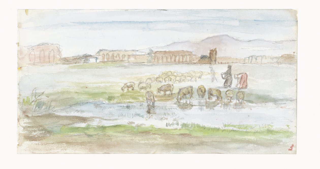 Pianura con pecore, sullo sfondo rovine di un acquedotto da Jozef Israëls