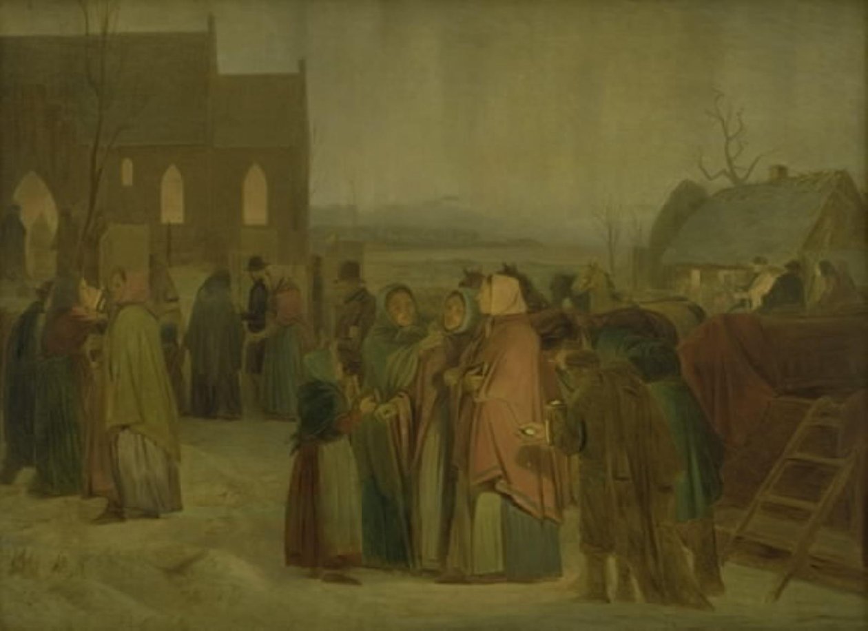 Contadini fuori dalla chiesa la mattina di Natale da Jørgen V. Sonne