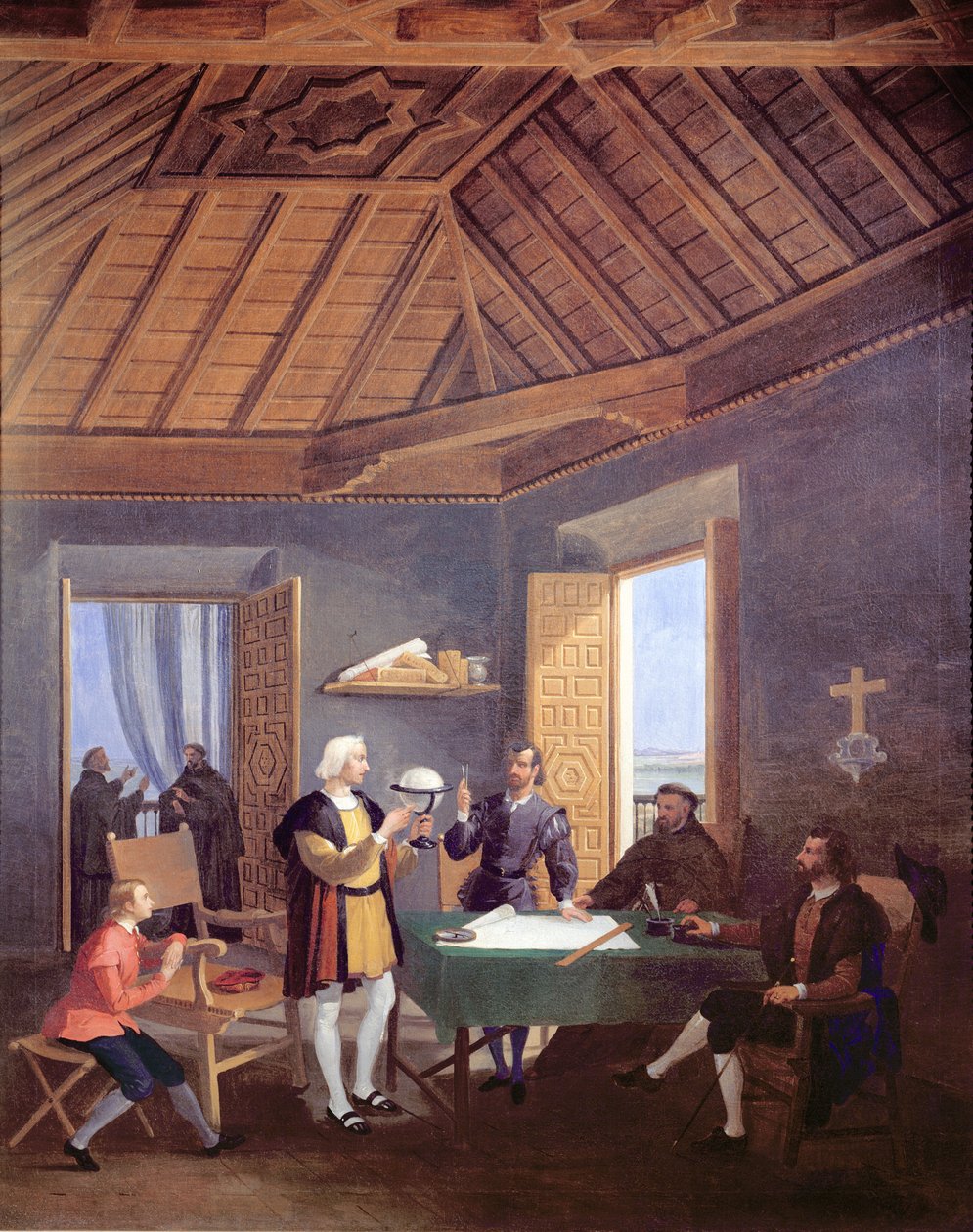 Cristoforo Colombo, accompagnato dal figlio Diego, spiega i suoi piani di esplorazione al priore del monastero francescano di Santa Maria de la Rabida, al medico Garcia Fernandes e ad Alonso Pinz da Juan Cabral Bejarano