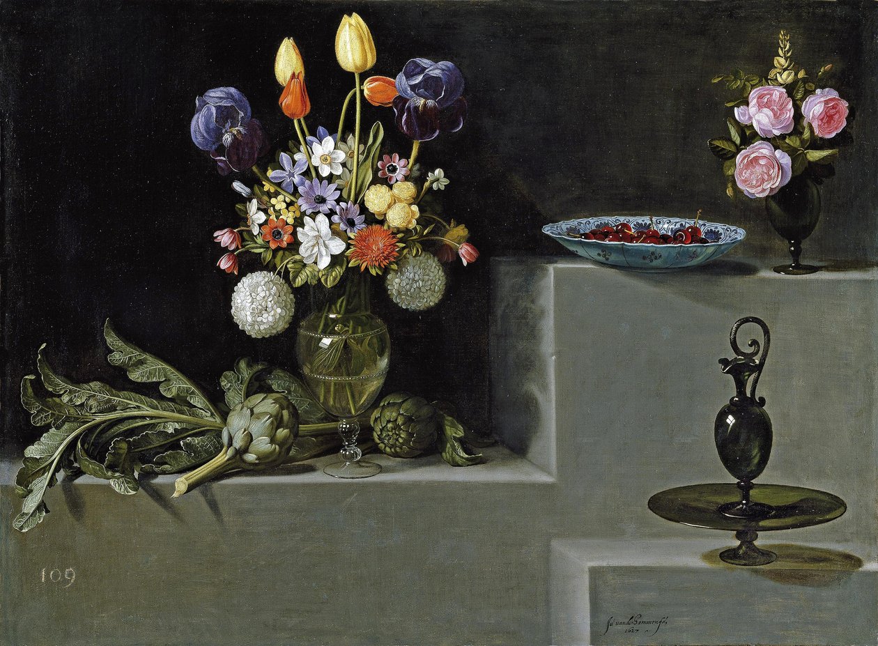 Natura Morta con Fiori, Carciofi, Ciliegie e Vetreria da Juan van der Hamen
