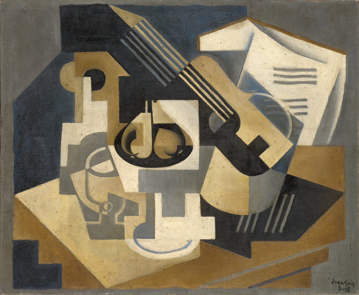 Chitarra e ciotola di frutta su un tavolo da Juan Gris