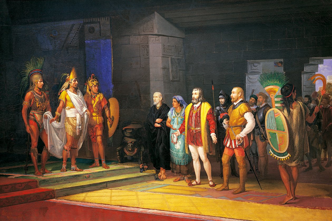 Hernan Cortez incontra Montezuma in Messico da Juan Ortega