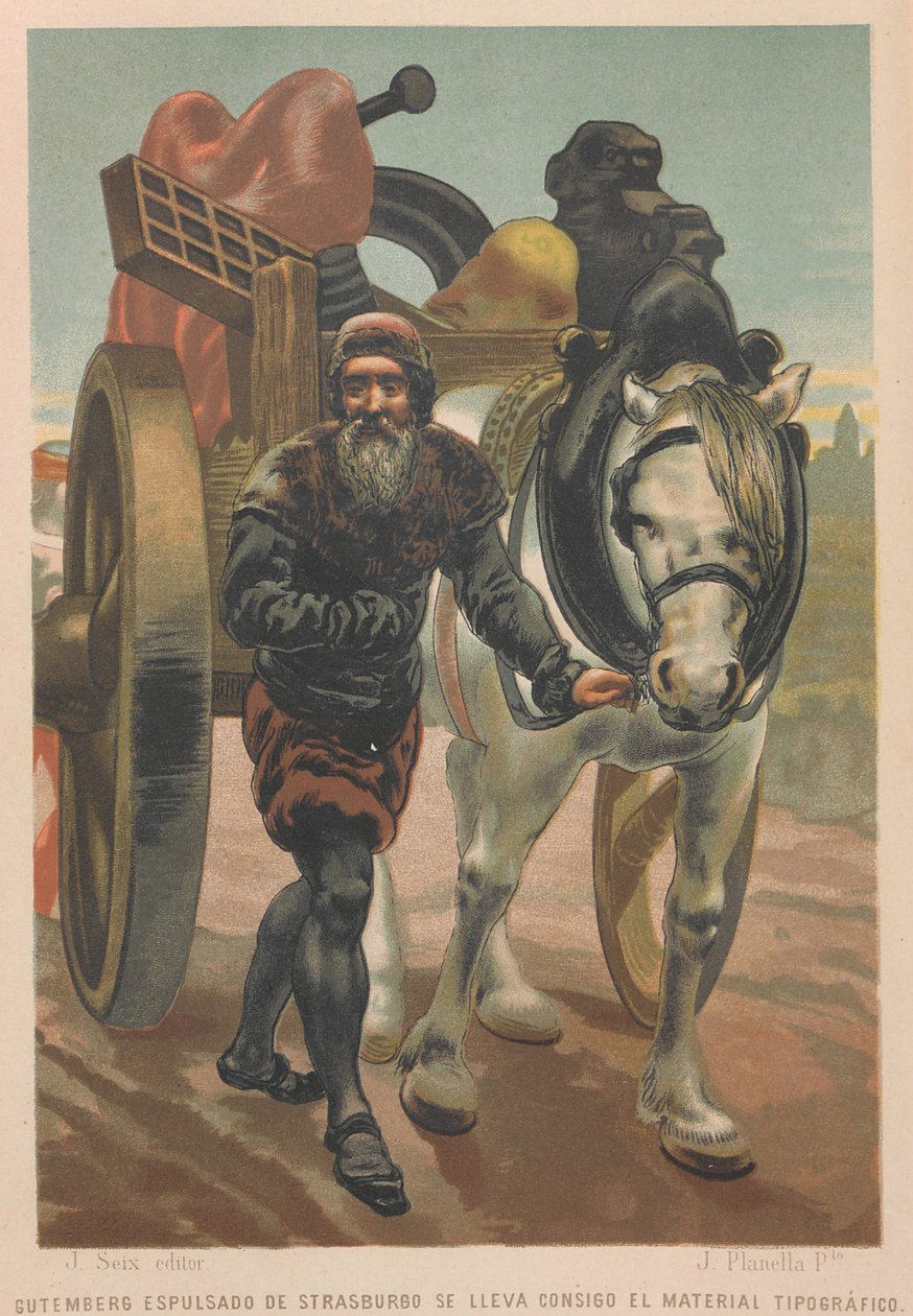 Johannes Gutenberg lascia Strasburgo. Da: La scienza e i suoi uomini, 1879 da Juan Planella y Rodríguez