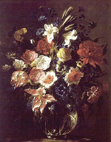Gigli, peonie, tulipani, fiordalisi e altri fiori in un vaso di vetro su un piedistallo da Juan de Arellano
