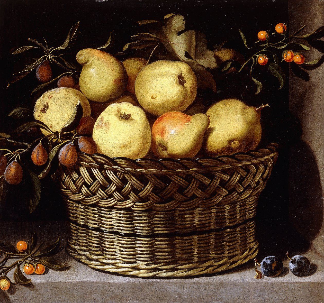Un cesto di vimini con frutta su un bordo di pietra da Juan van der Hamen y Leon