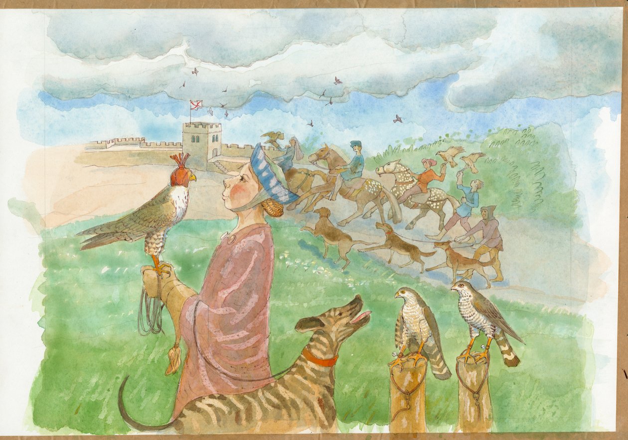 Scena di caccia altomedievale (acquerello su carta) da Judith Dobie