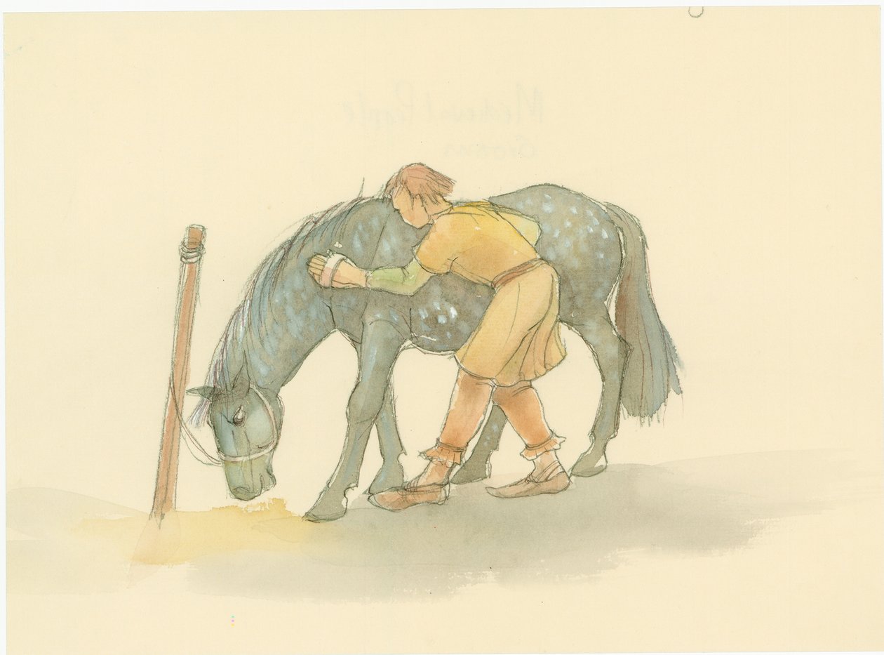 Un palafreniere medievale che spazzola un cavallo, 2004 da Judith Dobie