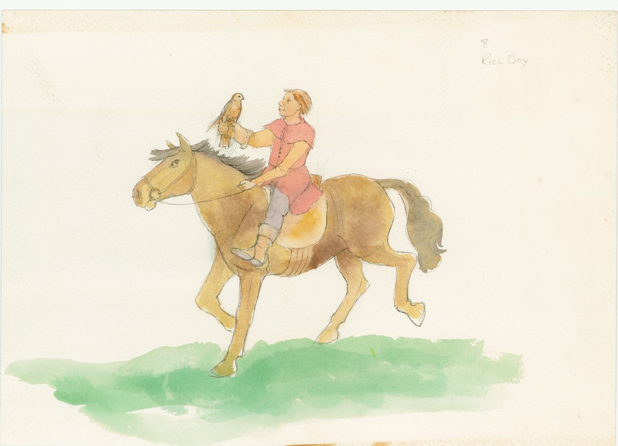 Un uomo medievale, mostrato a cavallo con un uccello da preda sul braccio da Judith Dobie