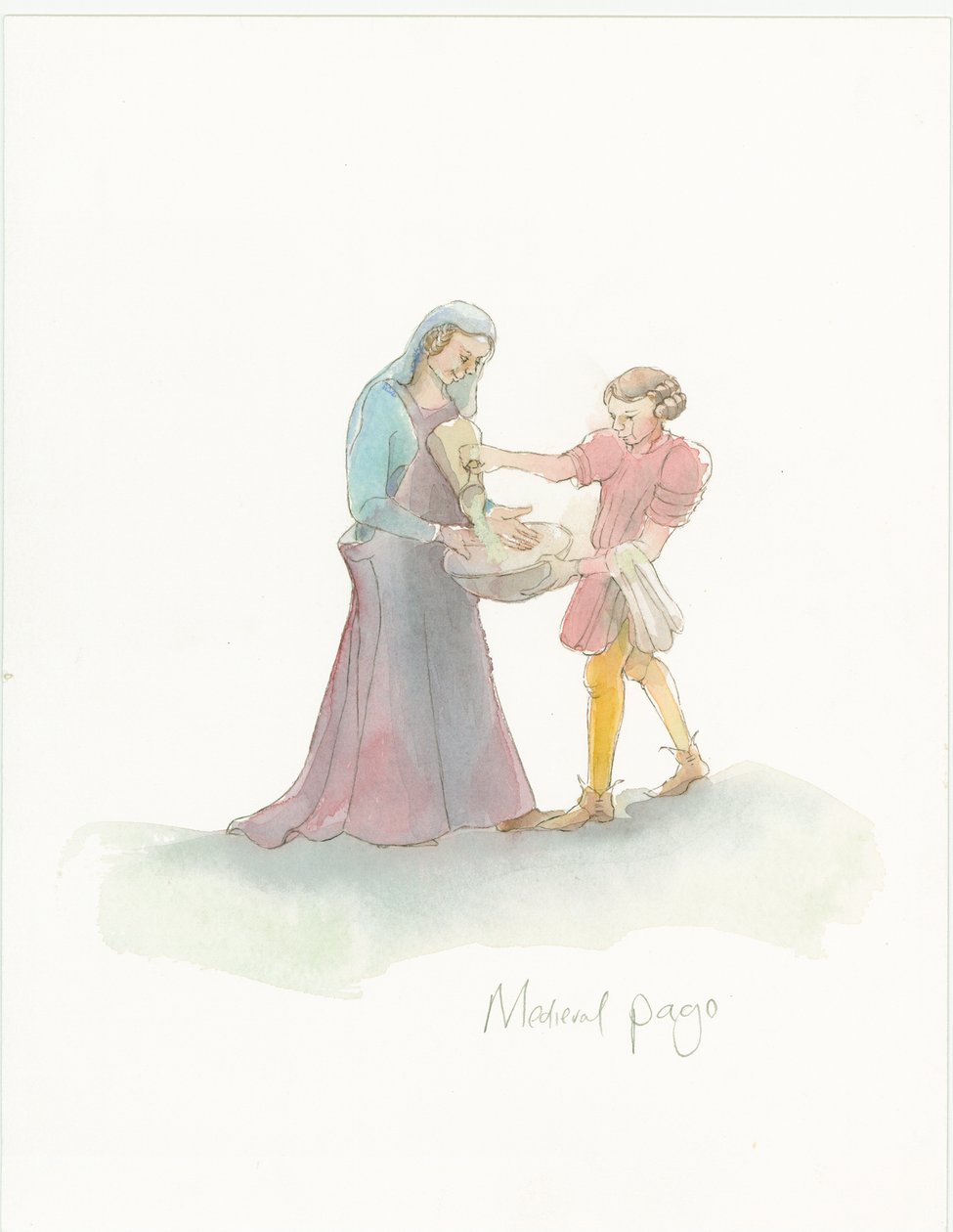 Un paggio medievale che aiuta una dama a lavarsi le mani da Judith Dobie