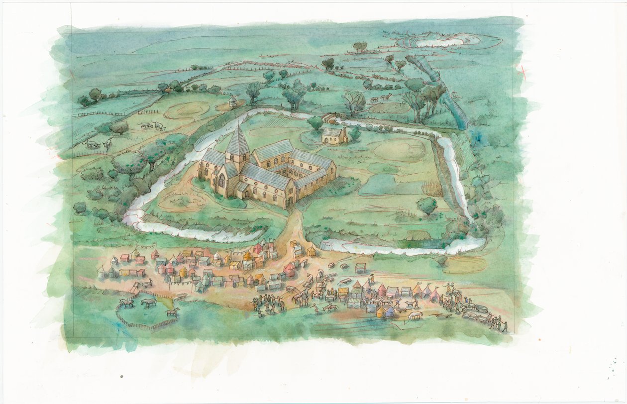 Una ricostruzione pittorica che mostra una vista obliqua del Priorato di Latton come poteva apparire alla fine del XII secolo. da Judith Dobie