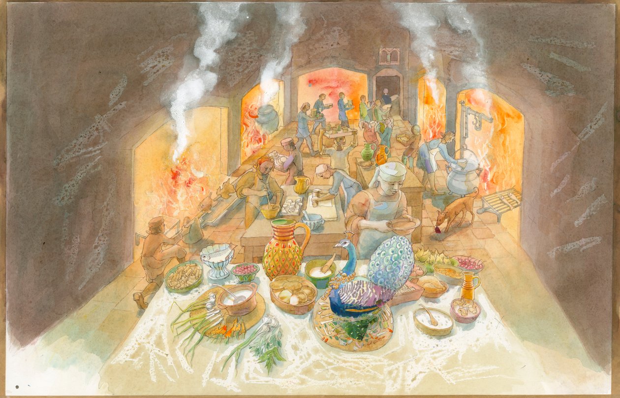 Una scena di cucina altomedievale (acquerello su carta) da Judith Dobie