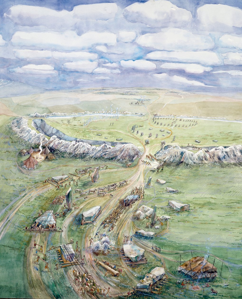 Avebury Henge in costruzione (acquerello su carta) da Judith Dobie