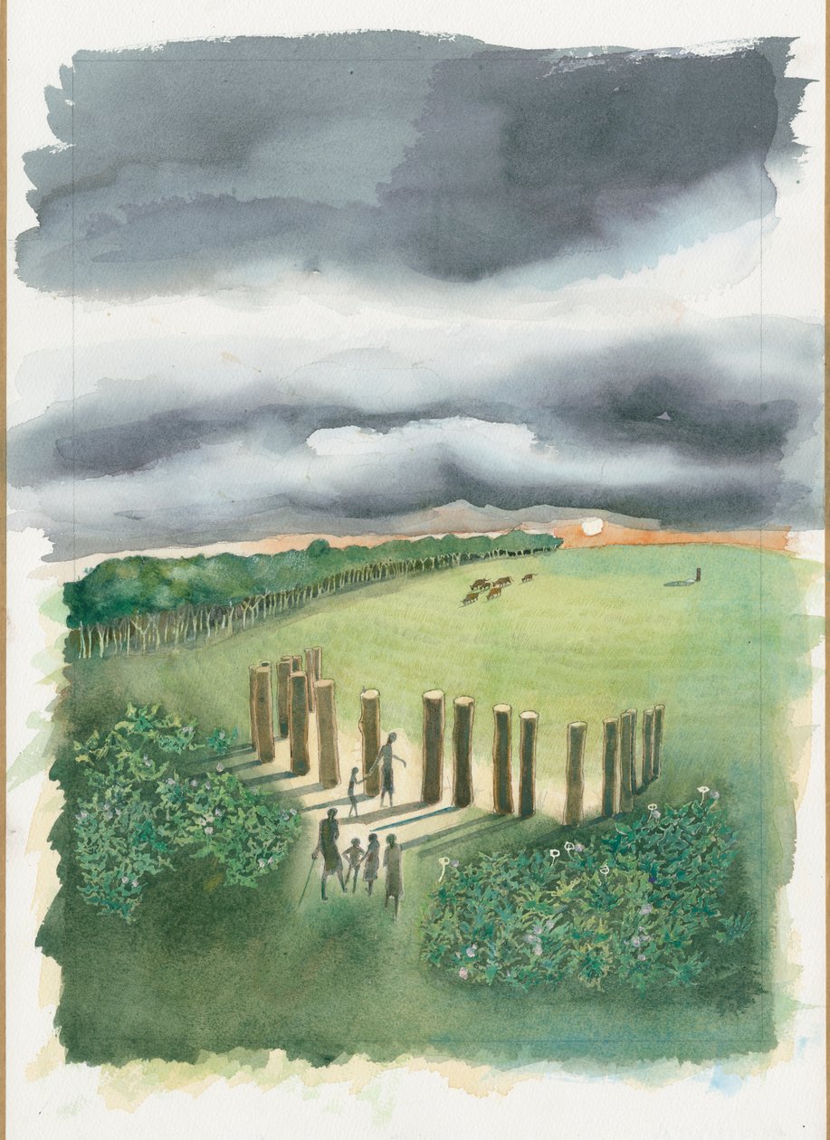Ricostruzione neolitica di Raunds (acquerello su carta) da Judith Dobie