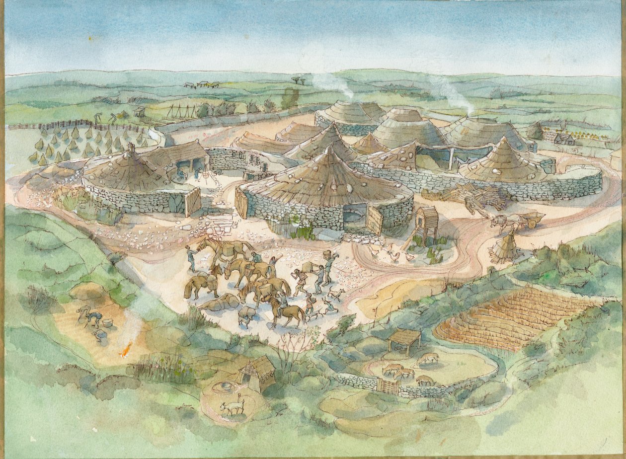 Ricostruzione di Carn Euny (acquerello su carta) da Judith Dobie