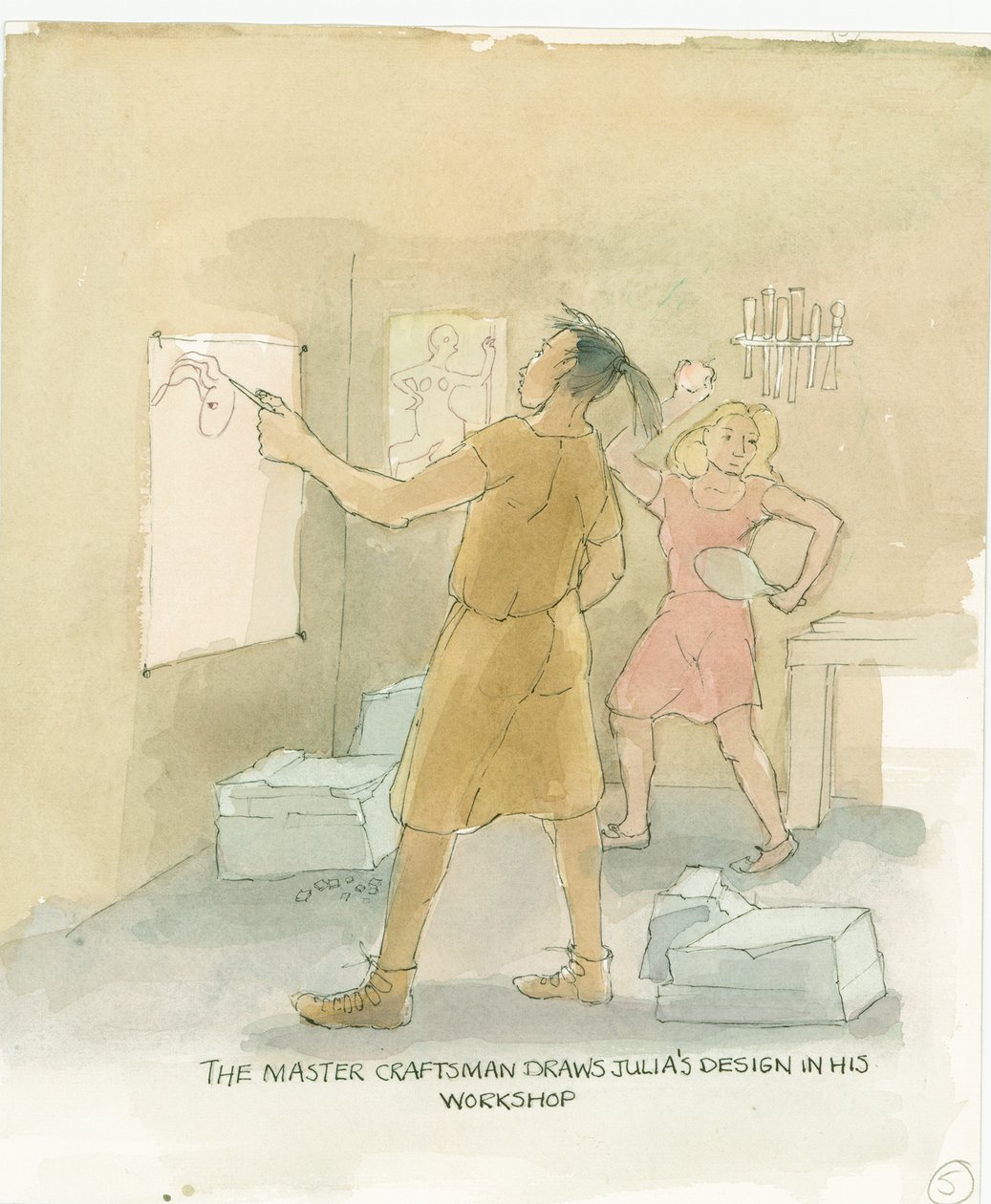 Il maestro artigiano disegna i progetti per il pavimento a mosaico di Julia, 2003 da Judith Dobie