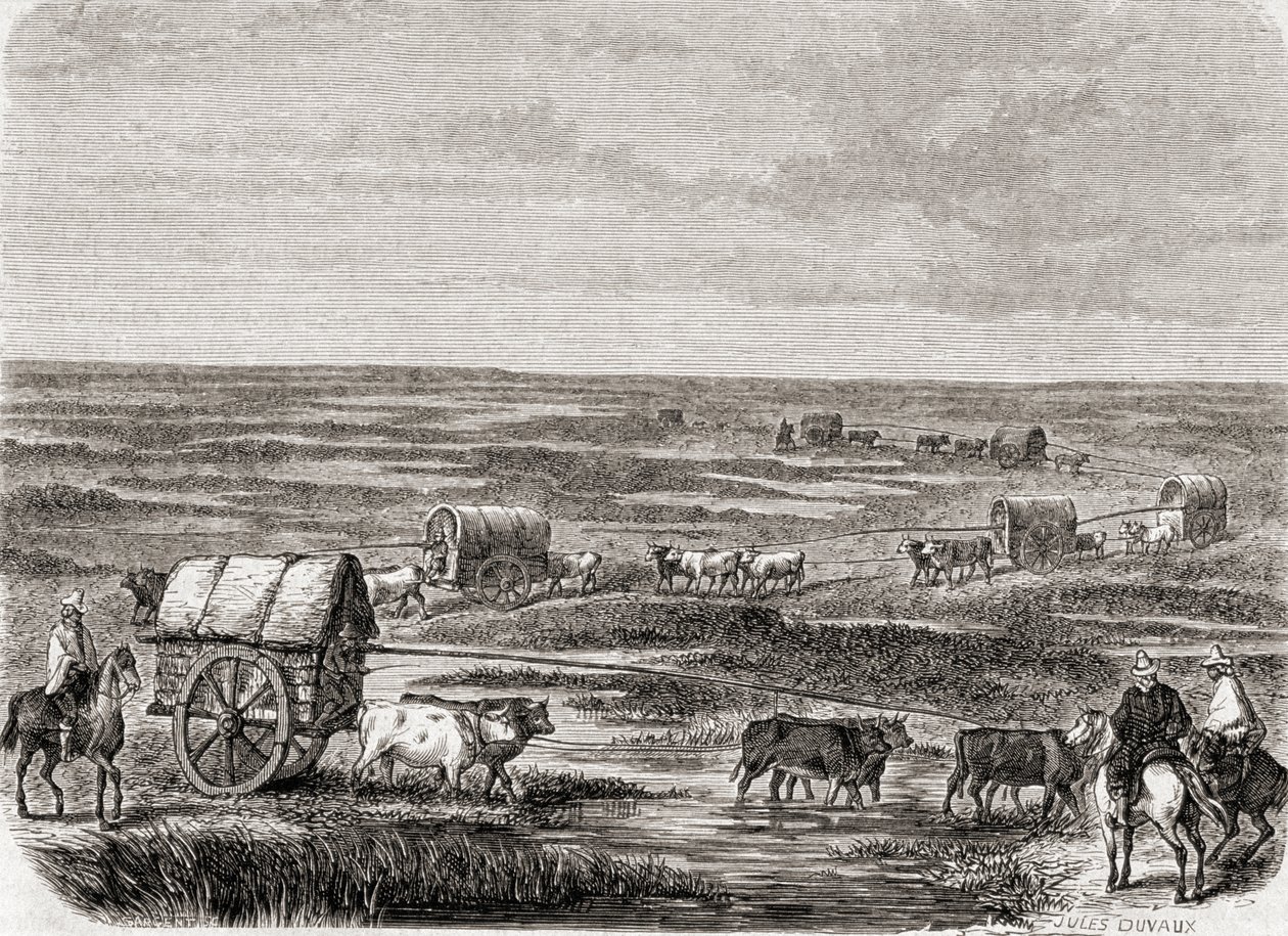 Carovana di carri nelle Pampas argentine negli anni 1860, incisa da Alfred Louis Sargent (n.1828) da Jules Antoine Duvaux