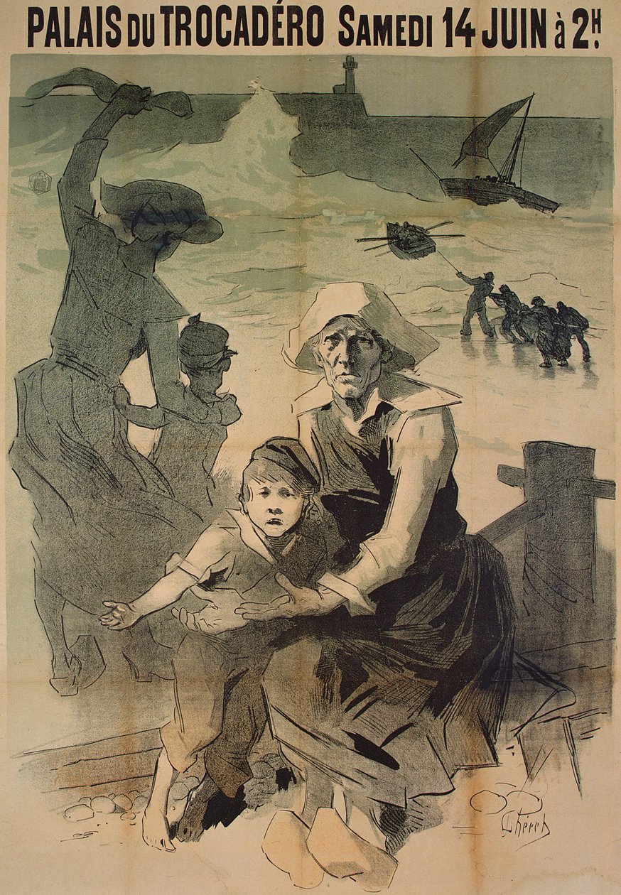Poster che pubblicizza una gala di beneficenza a favore delle famiglie dei marinai naufragati al Palais du Trocadero, 14 giugno 1890 da Jules Cheret