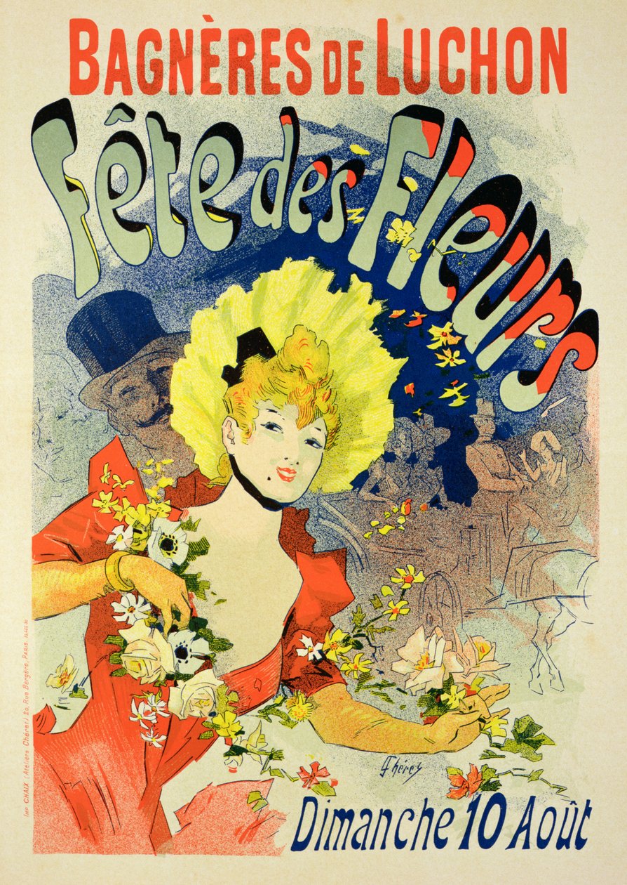 Riproduzione di un manifesto pubblicitario della Festa dei Fiori a Bagneres-de-Luchon, 1890 da Jules Cheret