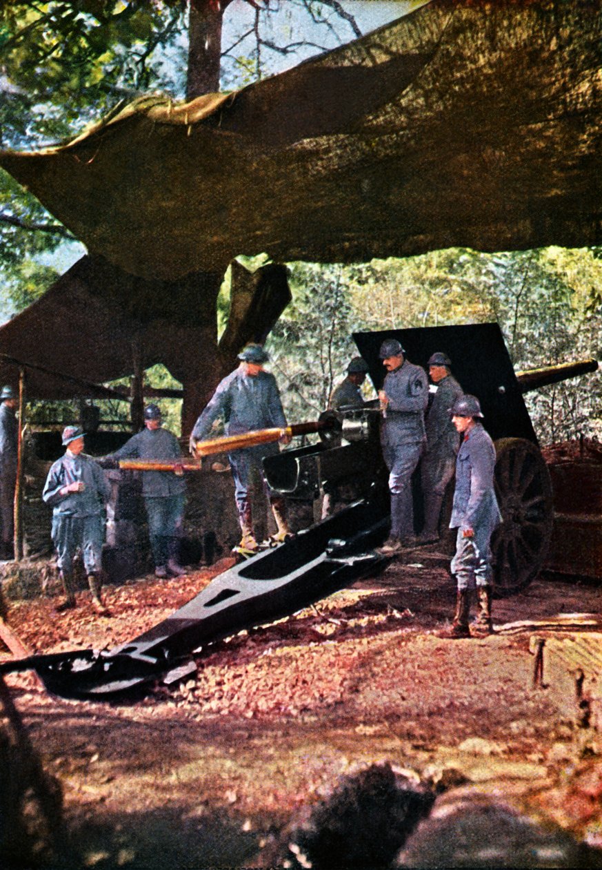 Una batteria francese di cannoni pesanti sotto una rete mimetica nella foresta, Verdun, settembre 1916 (autocromo) da Jules Gervais Courtellemont